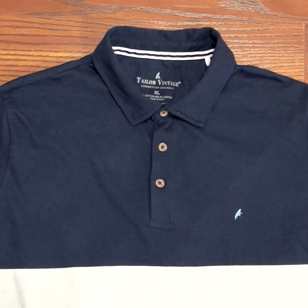 Tailor Vintage Polo Shirt Mens XL Navy Blue White Colorblock Short Sleeve